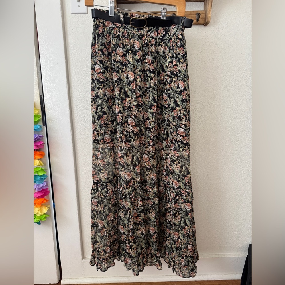 Floral Black Maxi Skirt with belt